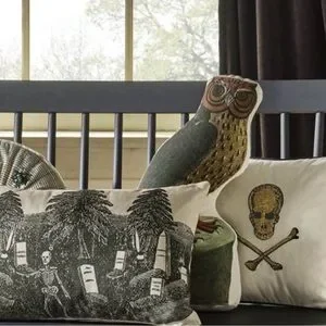 JOHN DERIAN rest in peace skeleton graveyard rectangle throw pillow - Thumbnail 2